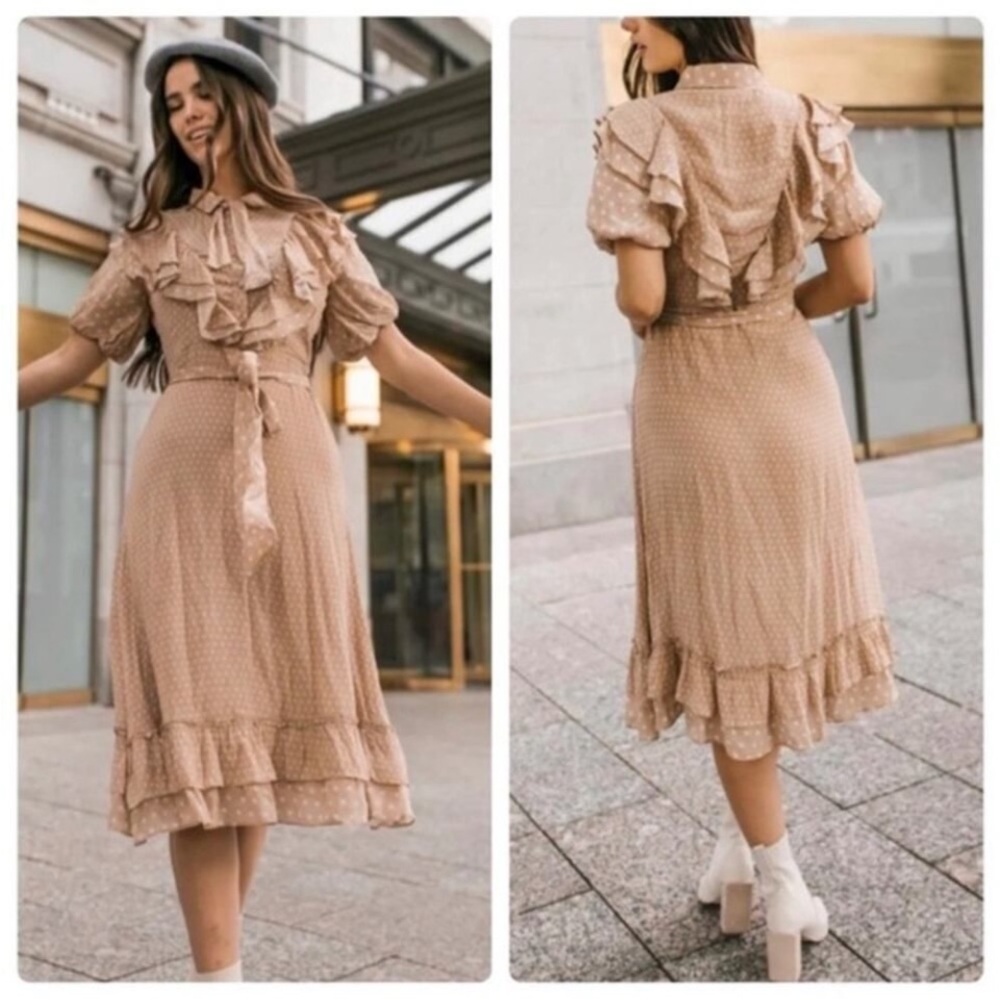 Ivy City Co Millie Polka Dot Ruffle Dress in Tan